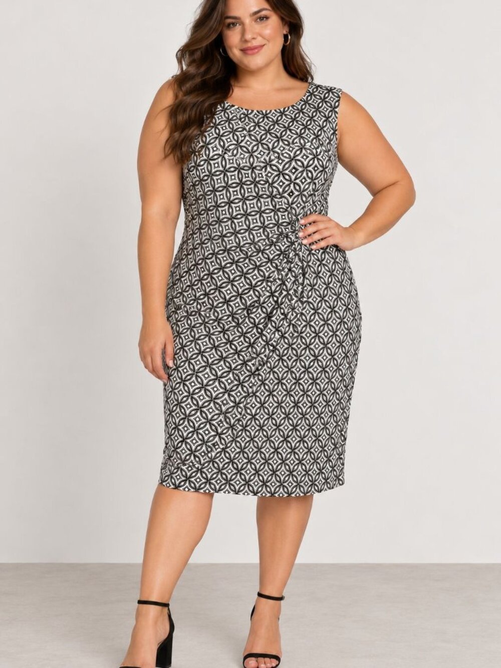 Talbots Plus Size Dress 2X Black White Geometric Sleeveless Midi
